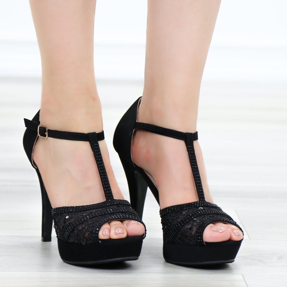 Velvet Platform Heeled Sandals Transparent Lace - Picture 2 of 9